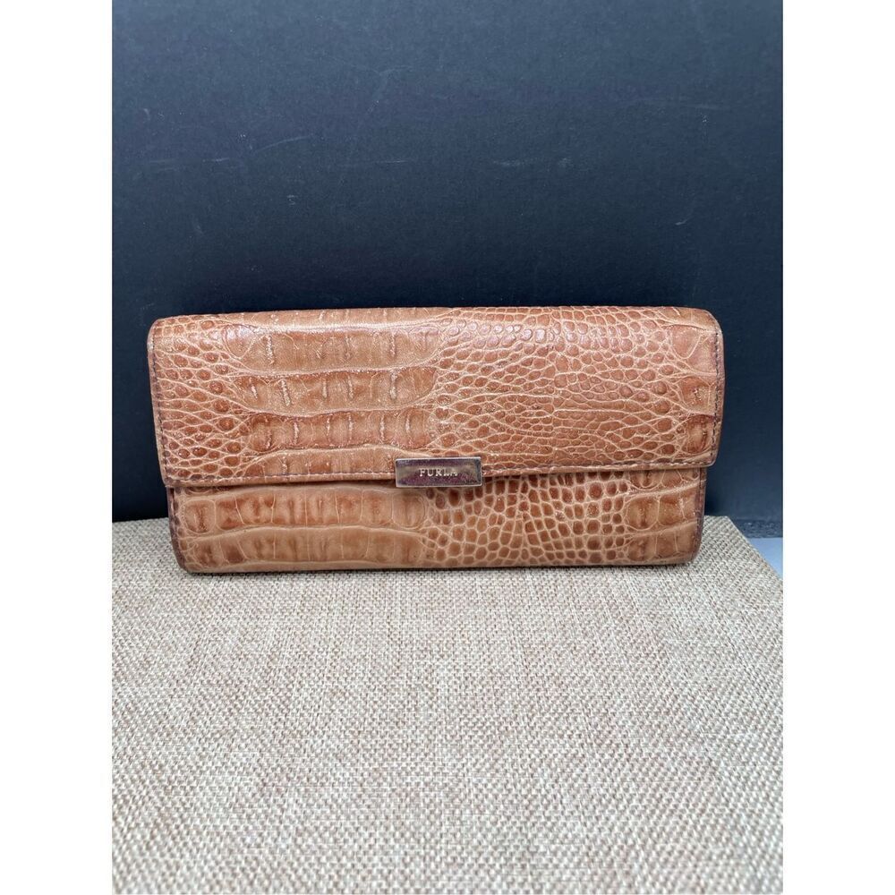 Furla Italian Leather Women’s Wallet Tan Croc Clutch Style
